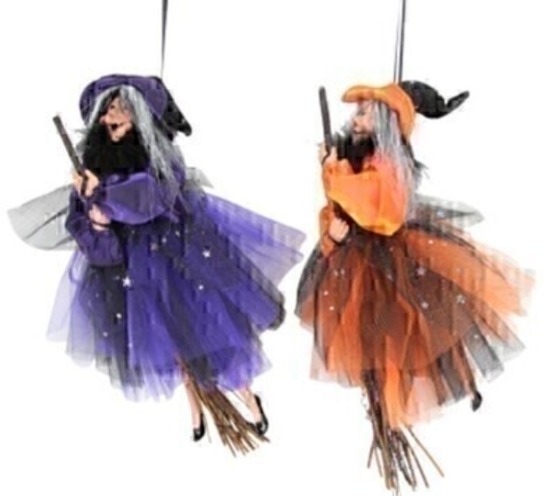 Spook your Halloween guests with these purple and orange witches on broomsticks by designer Gisela Graham. Great for Halloween parties.  Choice of 2 colours available - If you have a preference of colour please specify when ordering.  Purple Witch and Orange Witch can be hung on your wall or in your window to make a great addition to your halloween decorations.